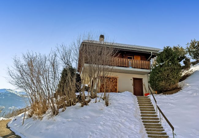 Die Ansicht des Chalets mit seinem Zugang über die Treppe