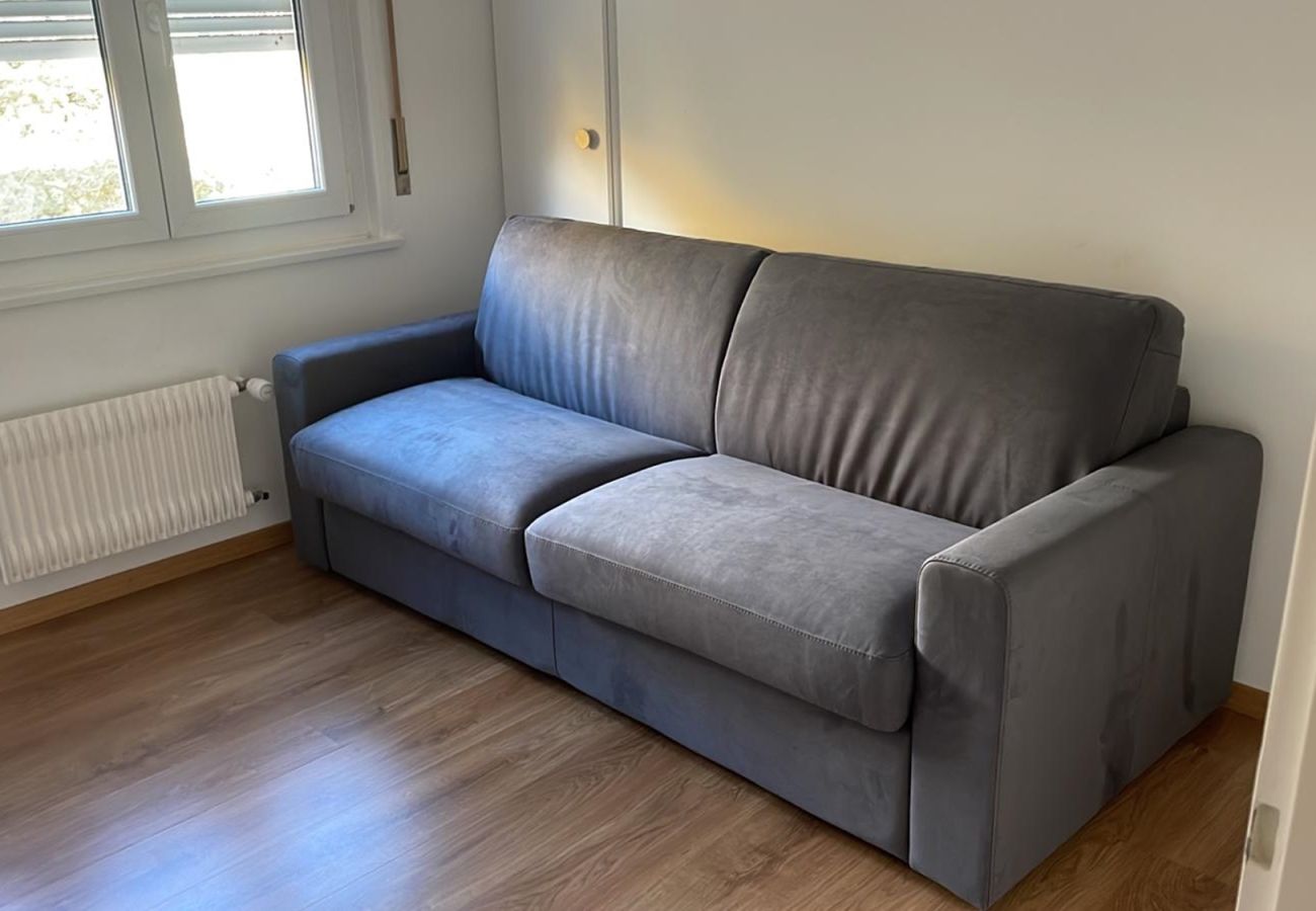 Schlafzimmer mit Schlafsofa und Fenster