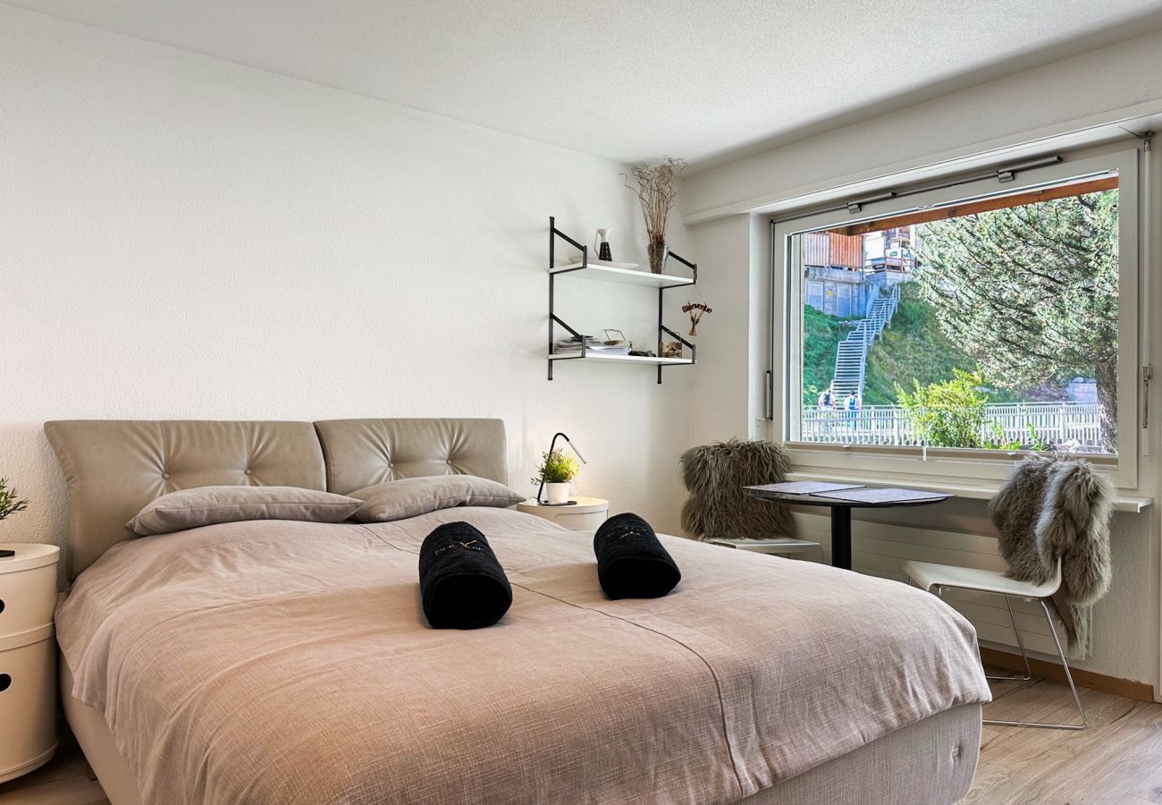 View of the large double bed lit by the window