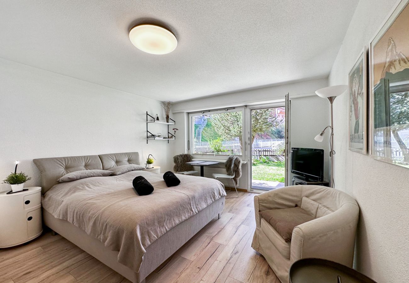 View of the bright studio with large window, comfortable double bed, television and small table