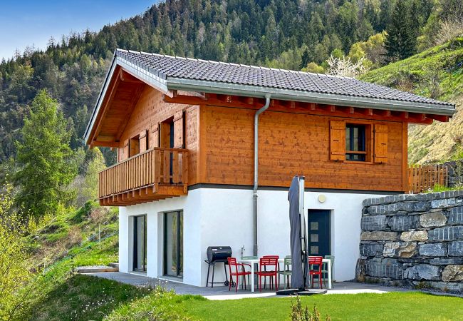 Une belle vue sur le chalet tout neuf avec une superbe terrasse et un barbecue pour les grillades en été