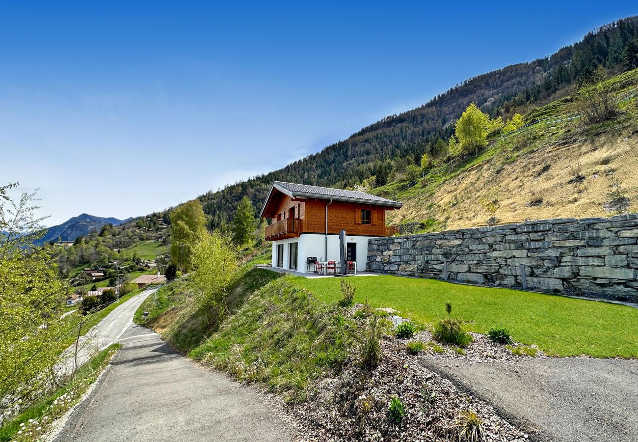 Vue du magnifique chalet, mettant en avant son espace extérieur estival